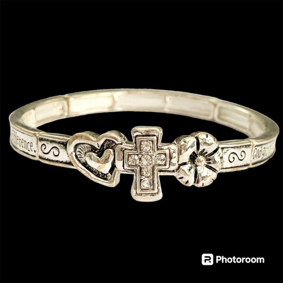 Vintage Serenity Prayer Cross Bracelet Stretch Silver Plated Crystal AA NA 7.25" - Picture 1 of 10